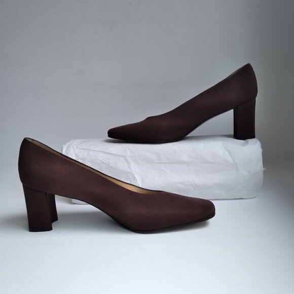 Stuart Weitzman Y2K Brown Sateen /Grosgrain Pumps Square Toe 3" Block Heels Sz 8 - Picture 9 of 10